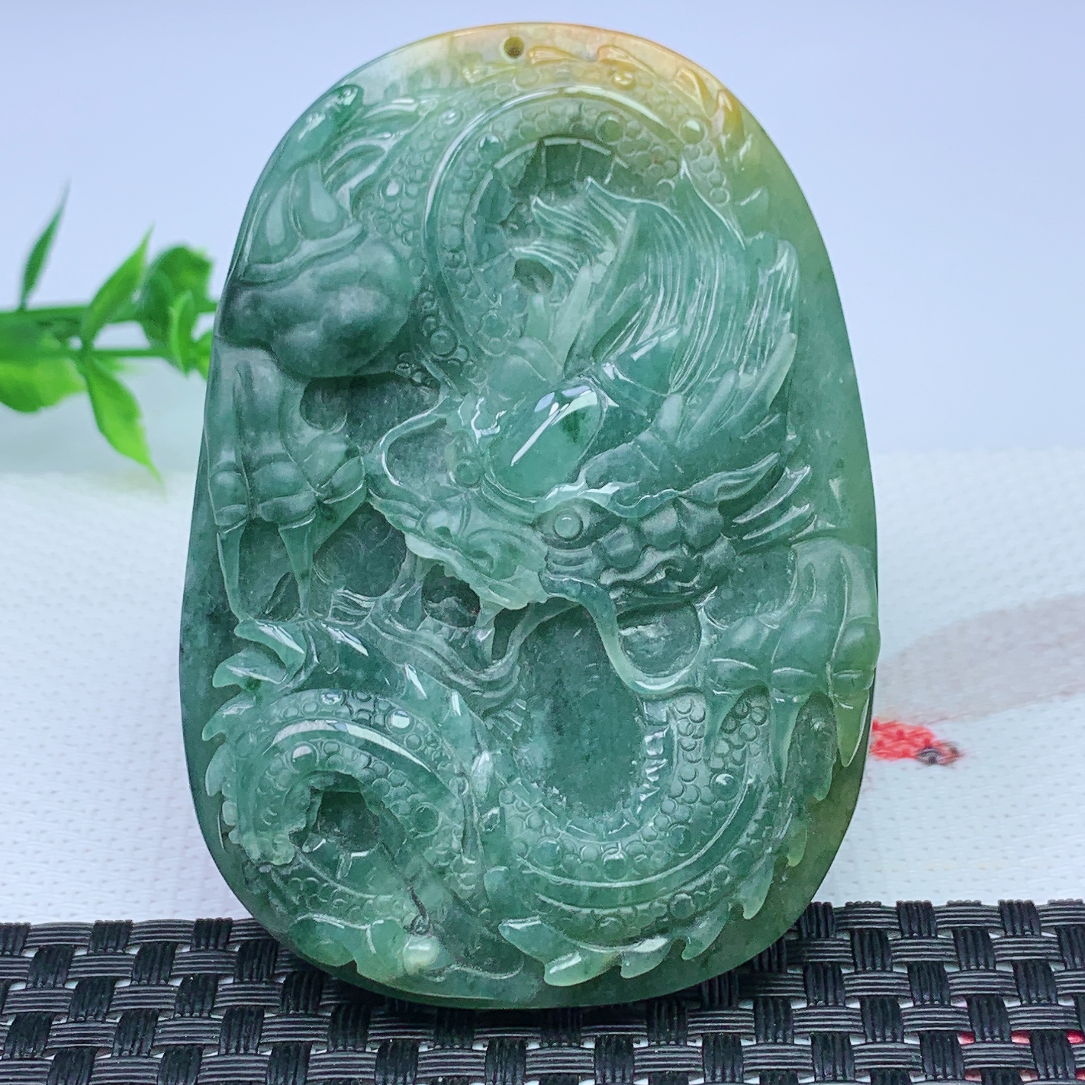 天然A货翡翠 蓝水双彩龙牌吊坠 尺寸；78*55*9mm