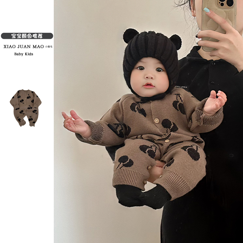 T25C108 婴儿衣服春装新款樱桃针织连体衣可爱男女宝毛衣外出爬服