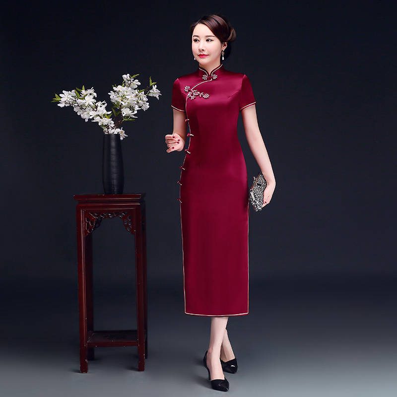 进口三醋酸【长款+短款】亮酒红喜婆婆妈妈婚宴礼服大码旗袍中式L