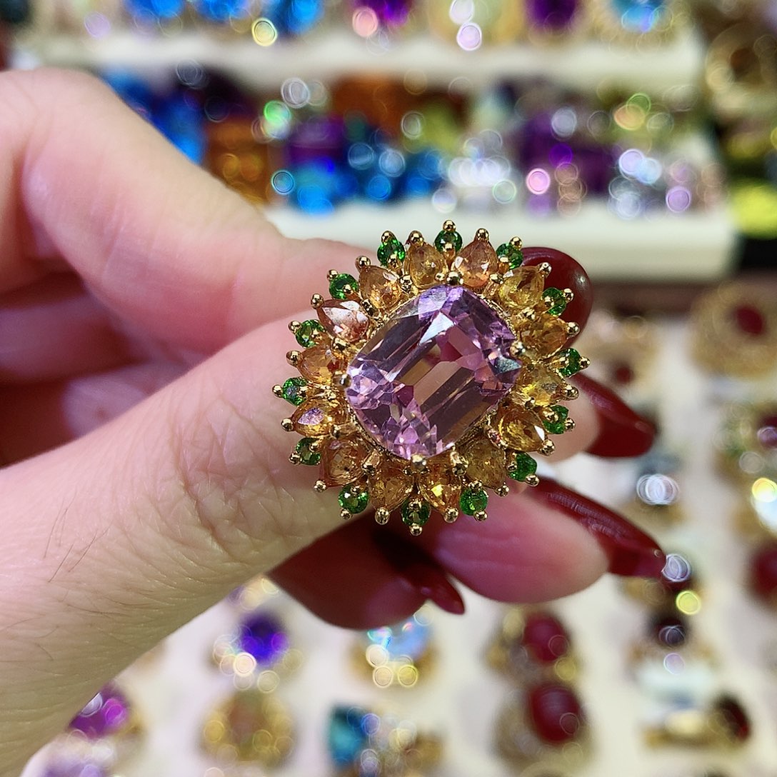 锂辉石戒指银S925镀金镶嵌