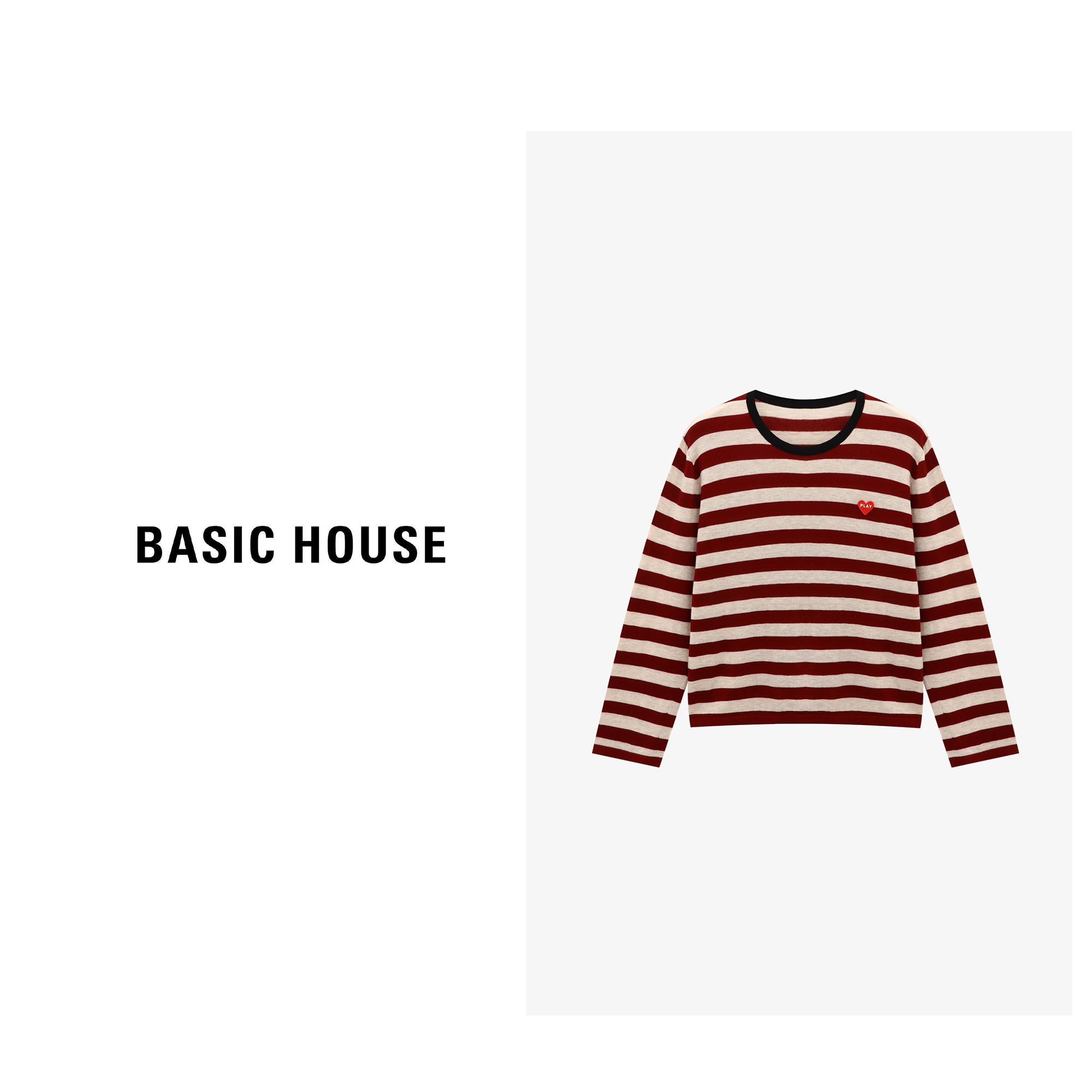 Basic House/百家好新款圆领显瘦条纹爱心刺绣针织衫-B0625B5IIQ2