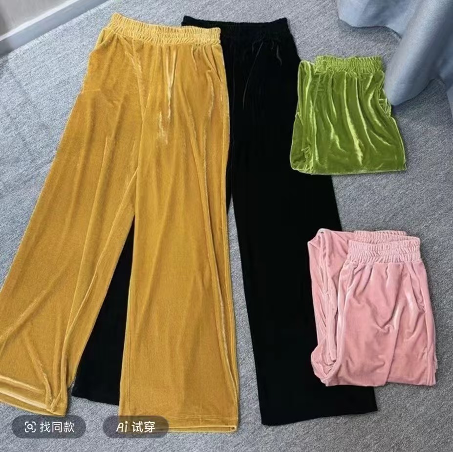 YY秋季新款大码高腰直筒裤弹力休闲裤时尚百搭丝绒彩色阔腿裤8056