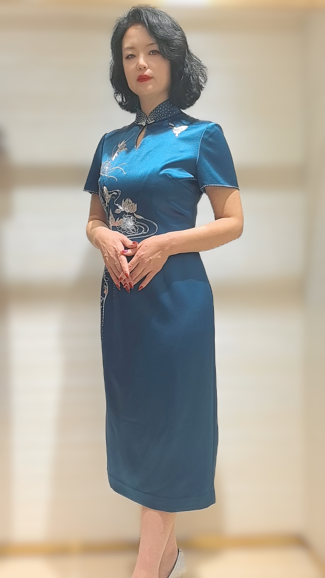 六礼17693蓝绿色优雅气质喜妈妈喜婆婆礼服旗袍
