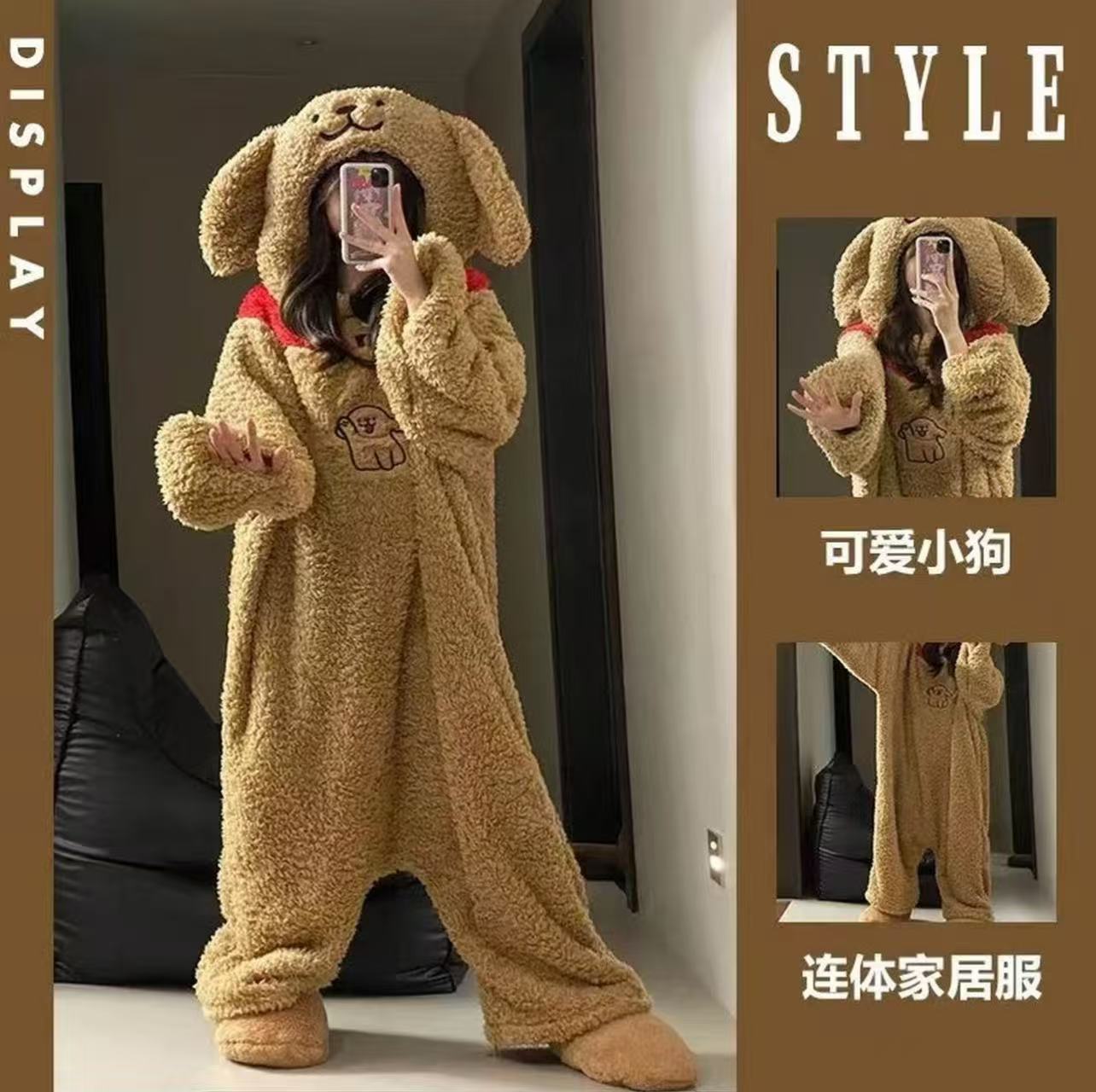 可爱卡通线条小狗珊瑚绒连体睡衣女秋冬季加绒加厚2025新款家居服