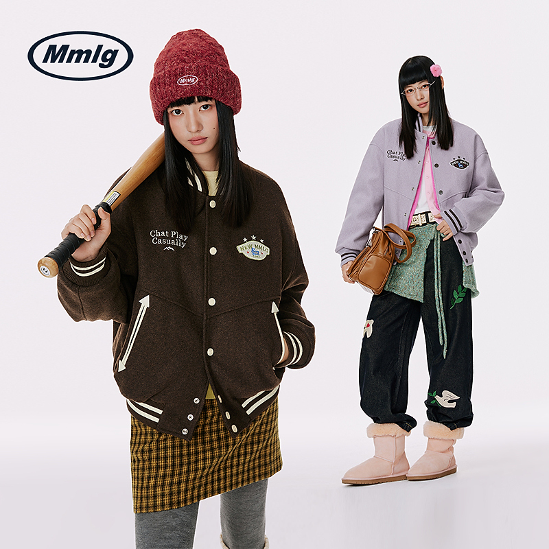Mmlg经典学院风棒球服2025冬季款复古条纹撞色字母刺绣情侣FQW019
