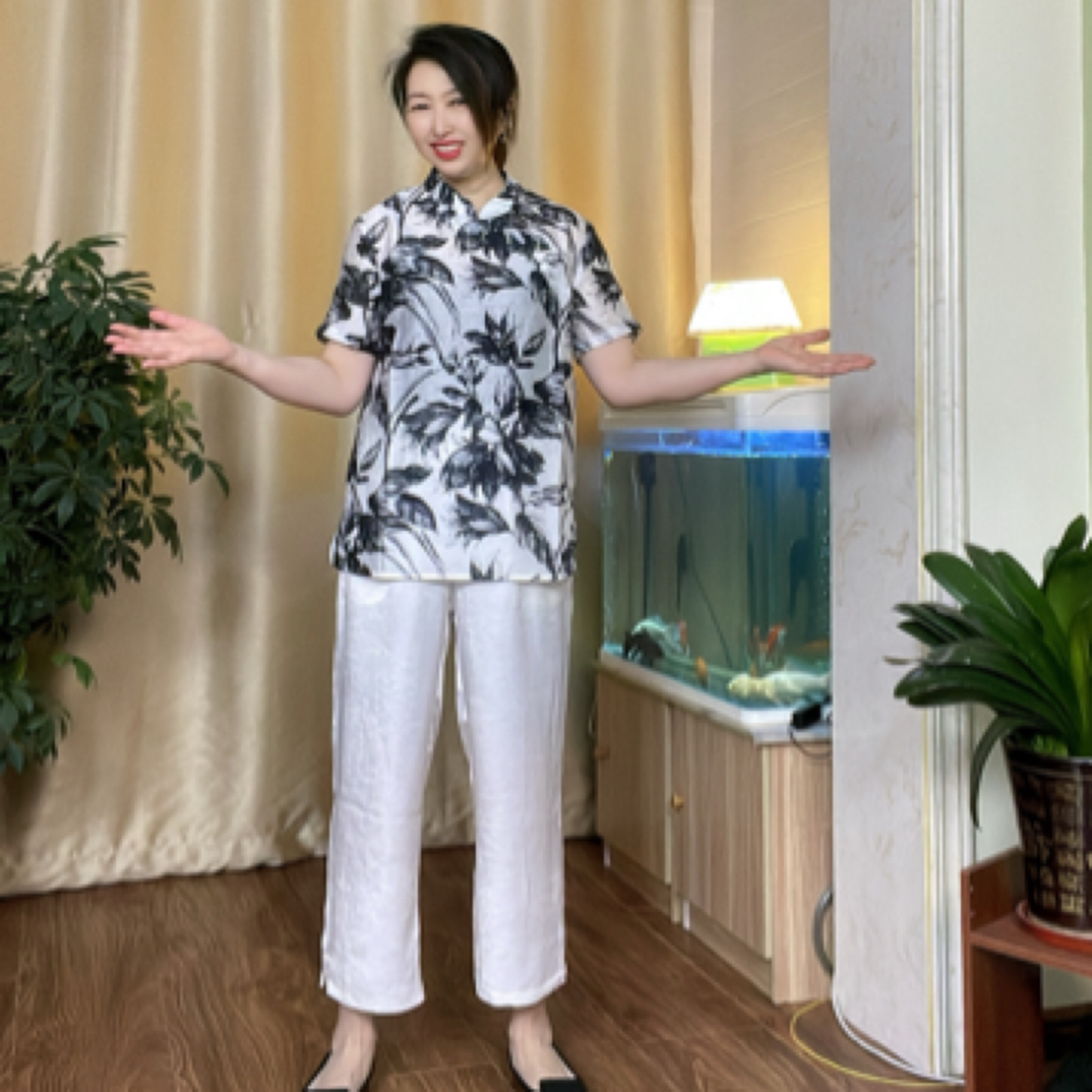原创轻奢新国风大码亚麻修身显瘦套装