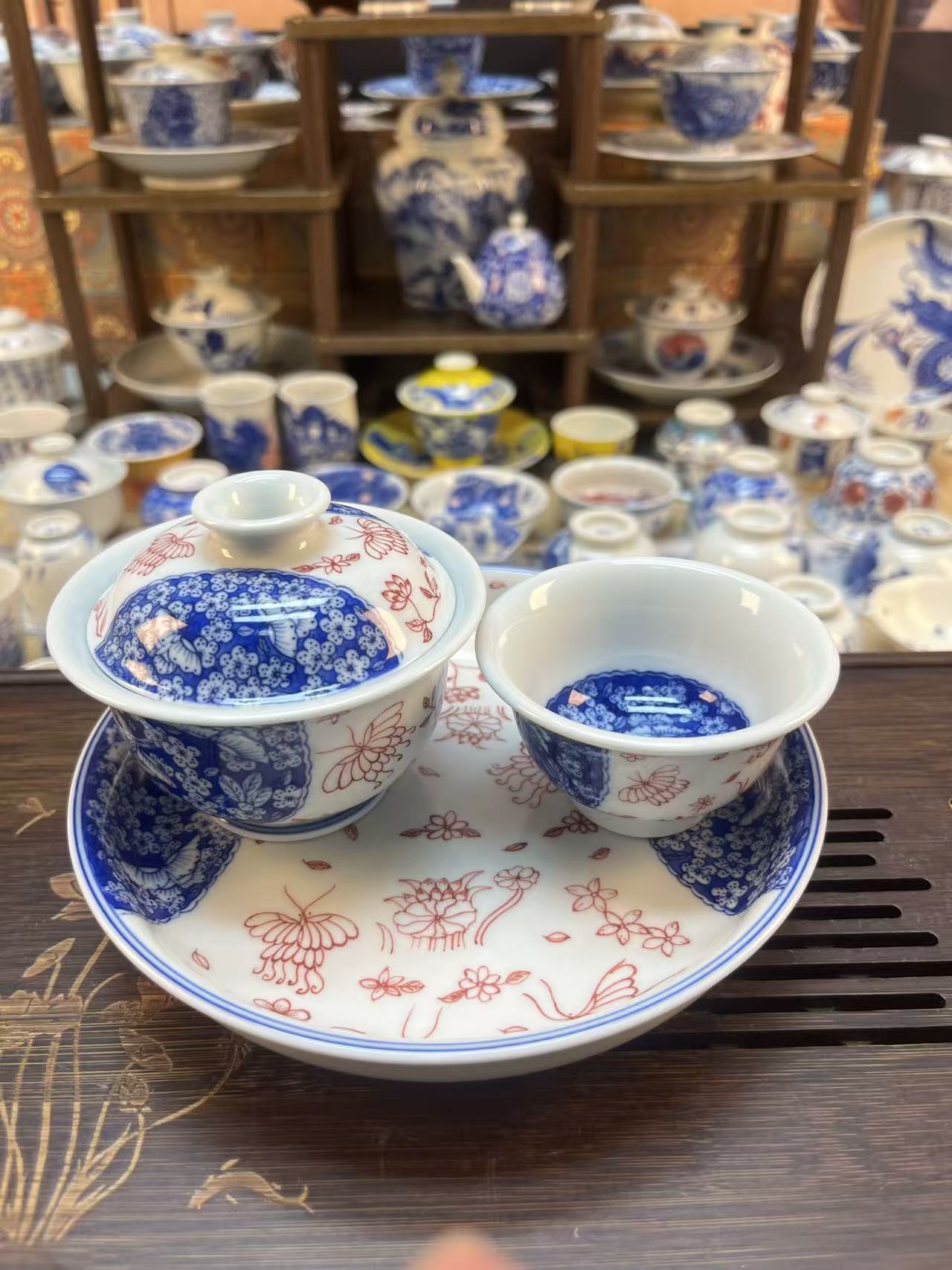 景德镇陶瓷精工手工手绘蝶舞花香3件套高端茶具