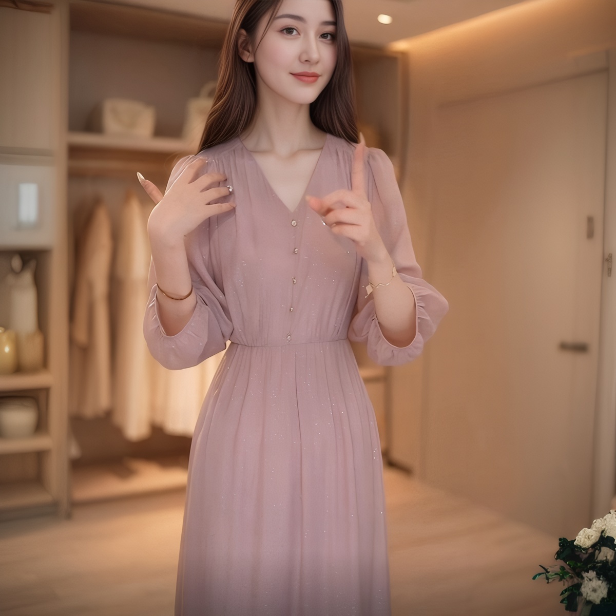 一眼万 星河柔紫2025夏季新款气质显瘦领烫金连衣裙女中长款