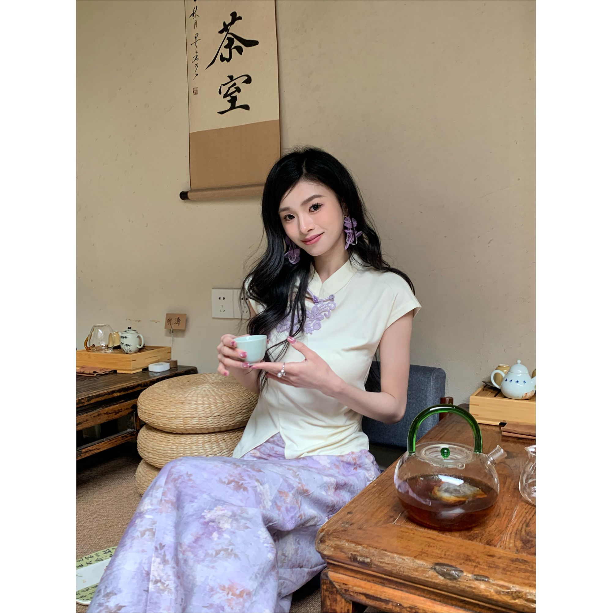 温笑笑【云雾桔梗】夏季新中式气质显瘦通勤盘扣收腰开叉上衣