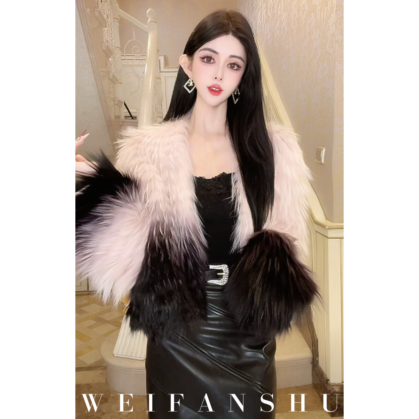 WEIFANSHU/魏凡舒【恋冬晚霞】冬季新款进口大理石狐狸毛皮草外套