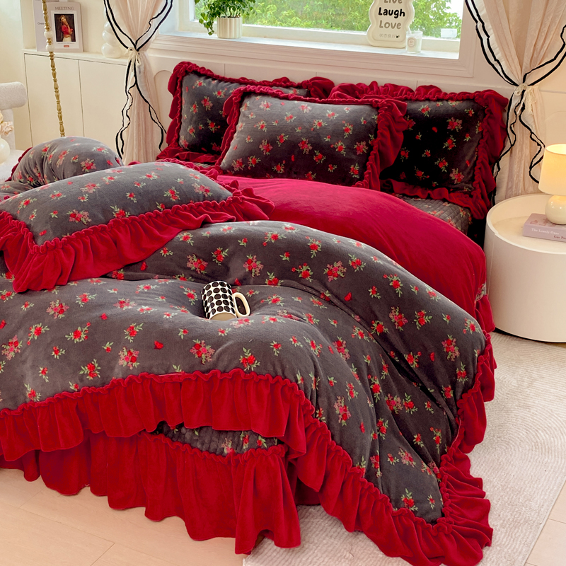 爆款韩版加绒加厚牛奶绒床盖四件套保暖双面绒免打理加厚保暖床盖