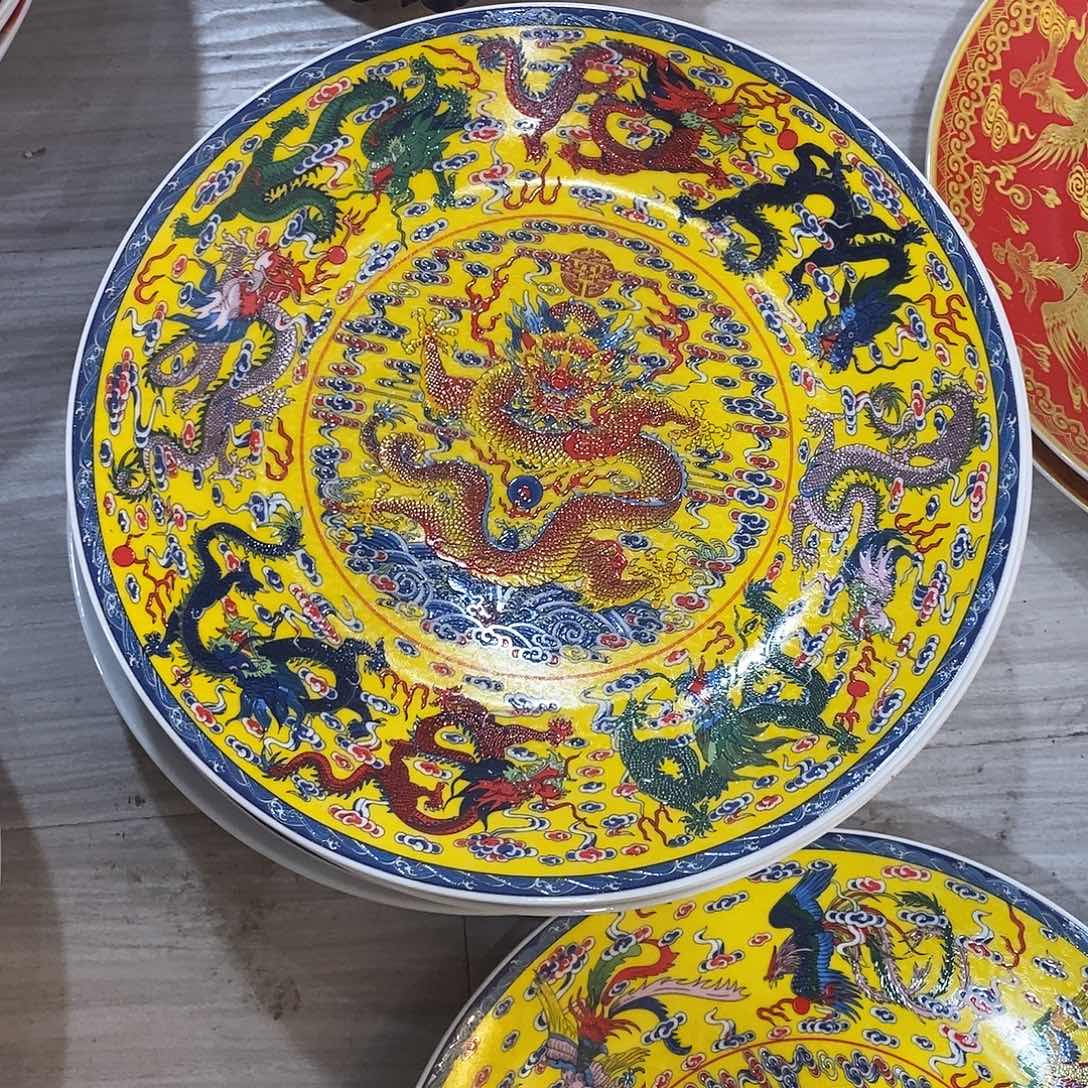 陶摆件26cm九龙盘子黄色