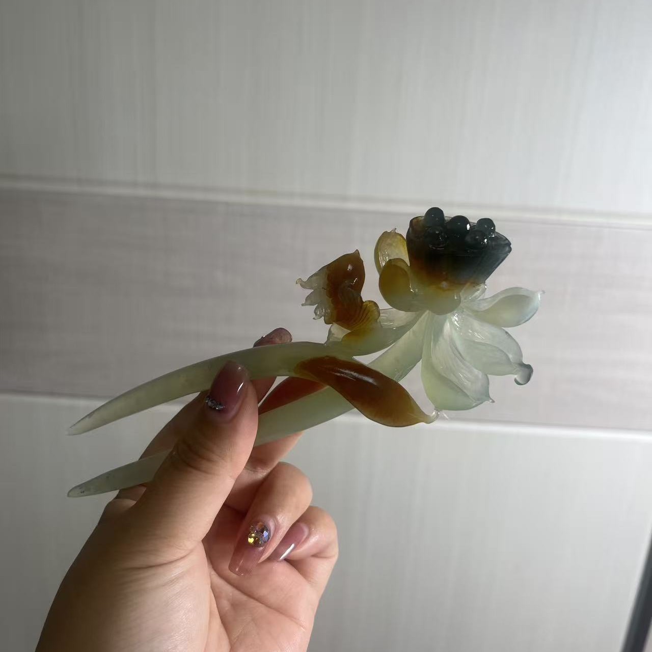 岫玉花玉荷花双簪