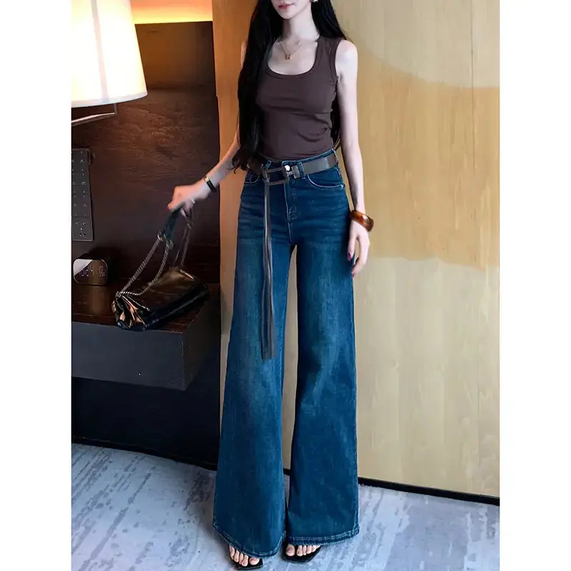 深色复古不贴腿微喇牛仔裤女2025早秋新款高腰宽松弹力显瘦拖地裤