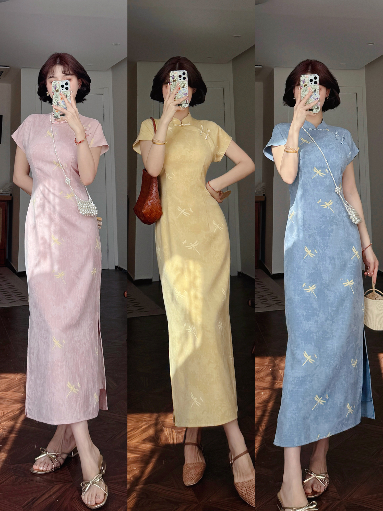 蕾英俊-静山蜓-夏季新中式改良小蜻蜓中国风别致连肩袖旗袍JF6195