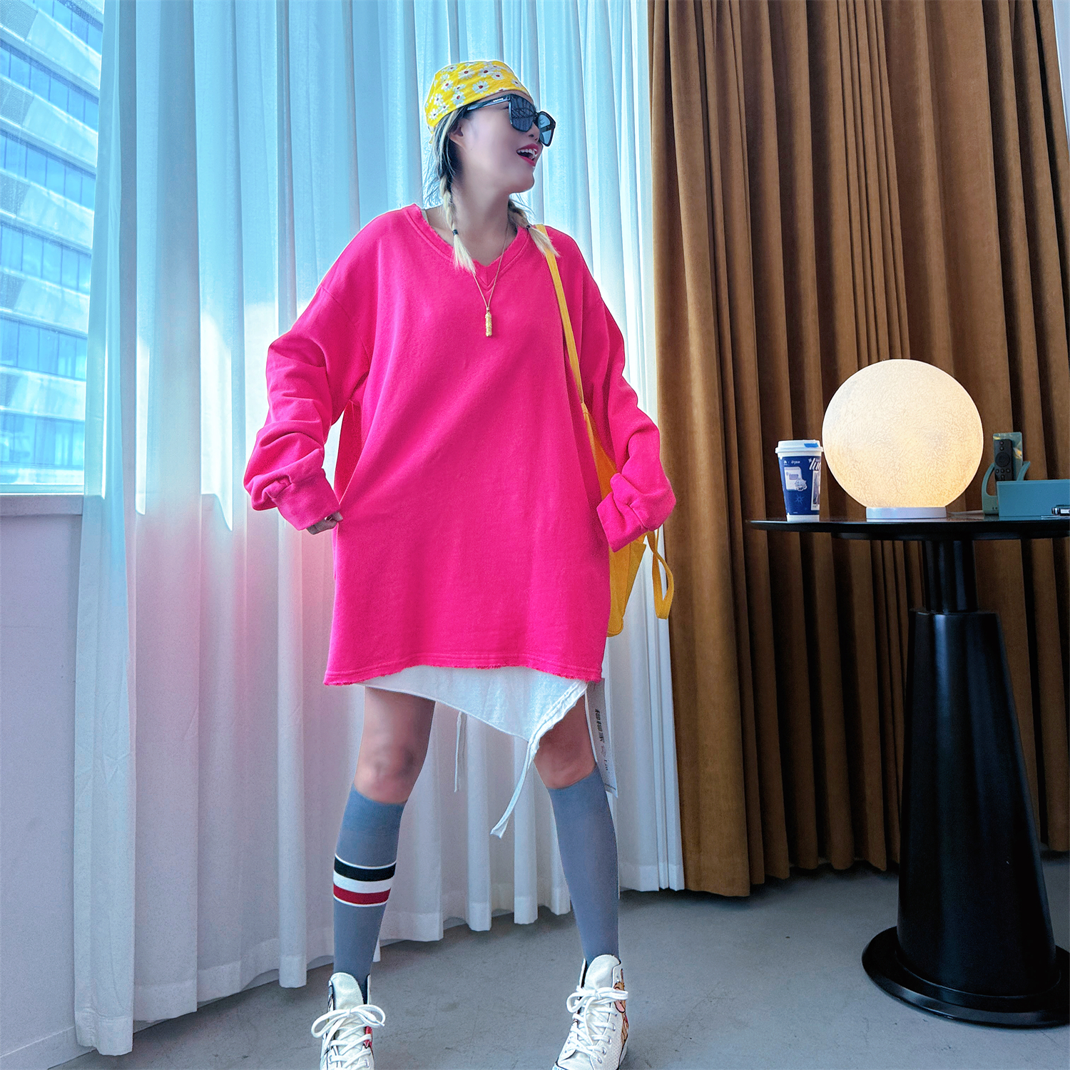 2025秋季大码卫衣韩版overszize中长款宽松百搭bf风长袖V领外套女