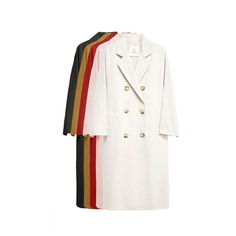 【橙庐】520801绵羊毛山羊绒双面呢西装领长款大衣 秋冬女毛呢风衣