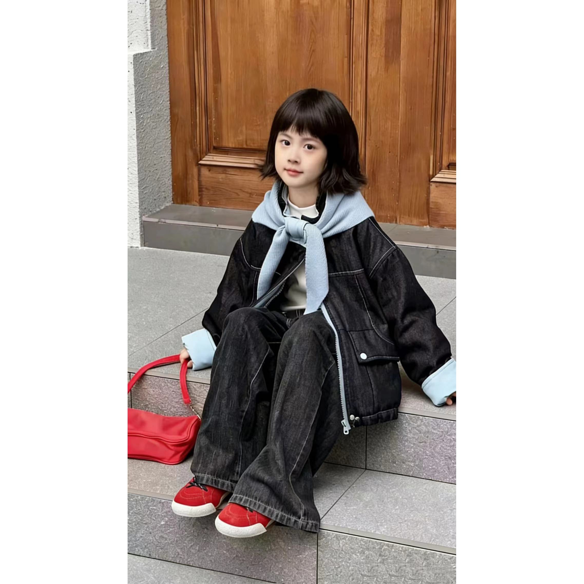 【米果妈】儿童2025冬季新款洋气炸街牛仔加毛派克服带围巾B5339