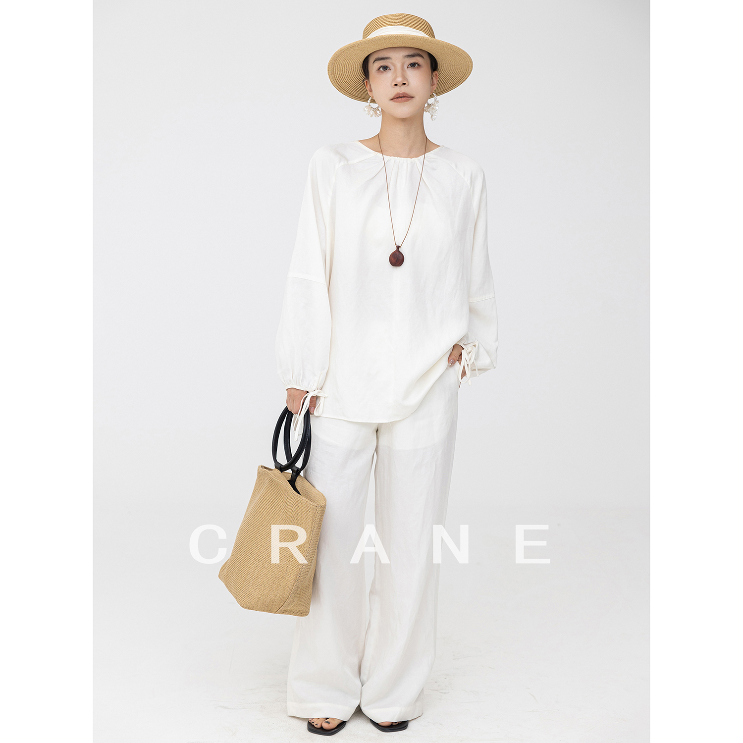 【CRANE】25早秋款复古文艺亚麻灯笼袖衬衫长裤套装显瘦上衣防晒
