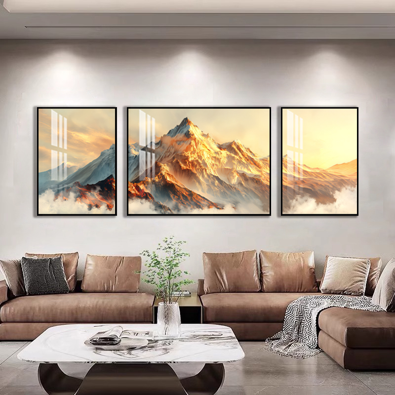 日照金山客厅三联现代轻奢艺术仿手绘客厅背景墙挂画