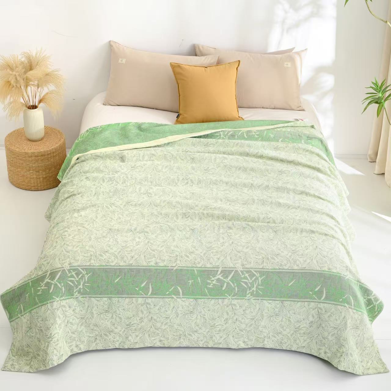 【富贵竹】200*230cm纱布汉麻棉毛巾被三件套（赠送同款枕巾一对）