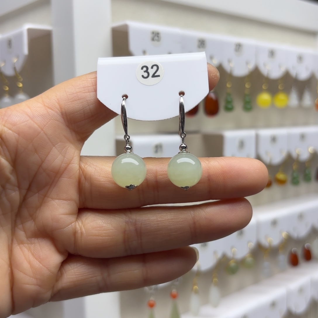 和田玉银S925镶嵌耳饰