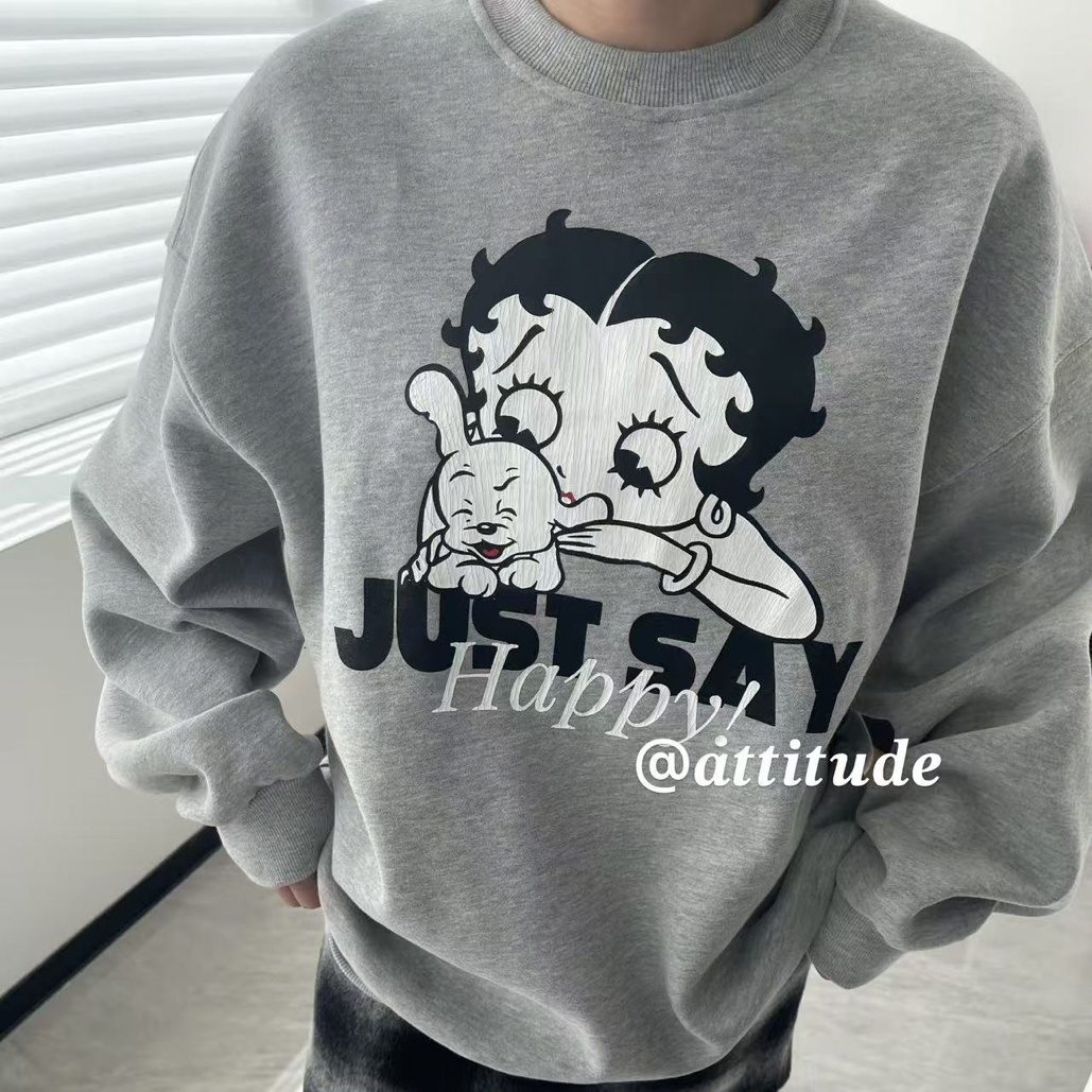 25 秋冬热卖韩系时髦新年战袍宽松加绒红色圆领冬季加厚卫衣