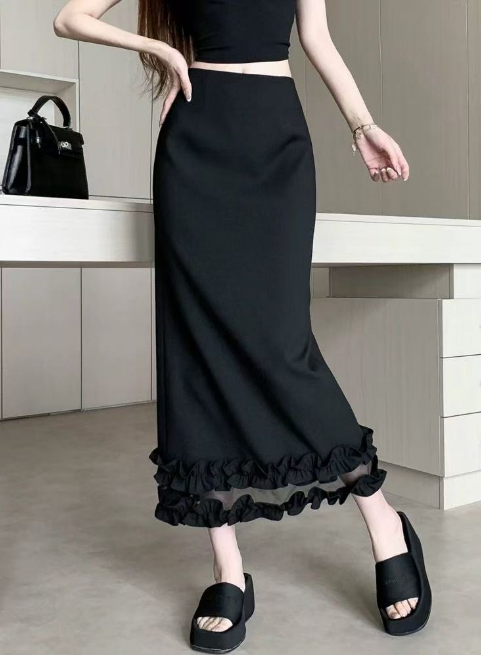 Z.X 木耳边拼接开衩西装半身裙  86013（K9）