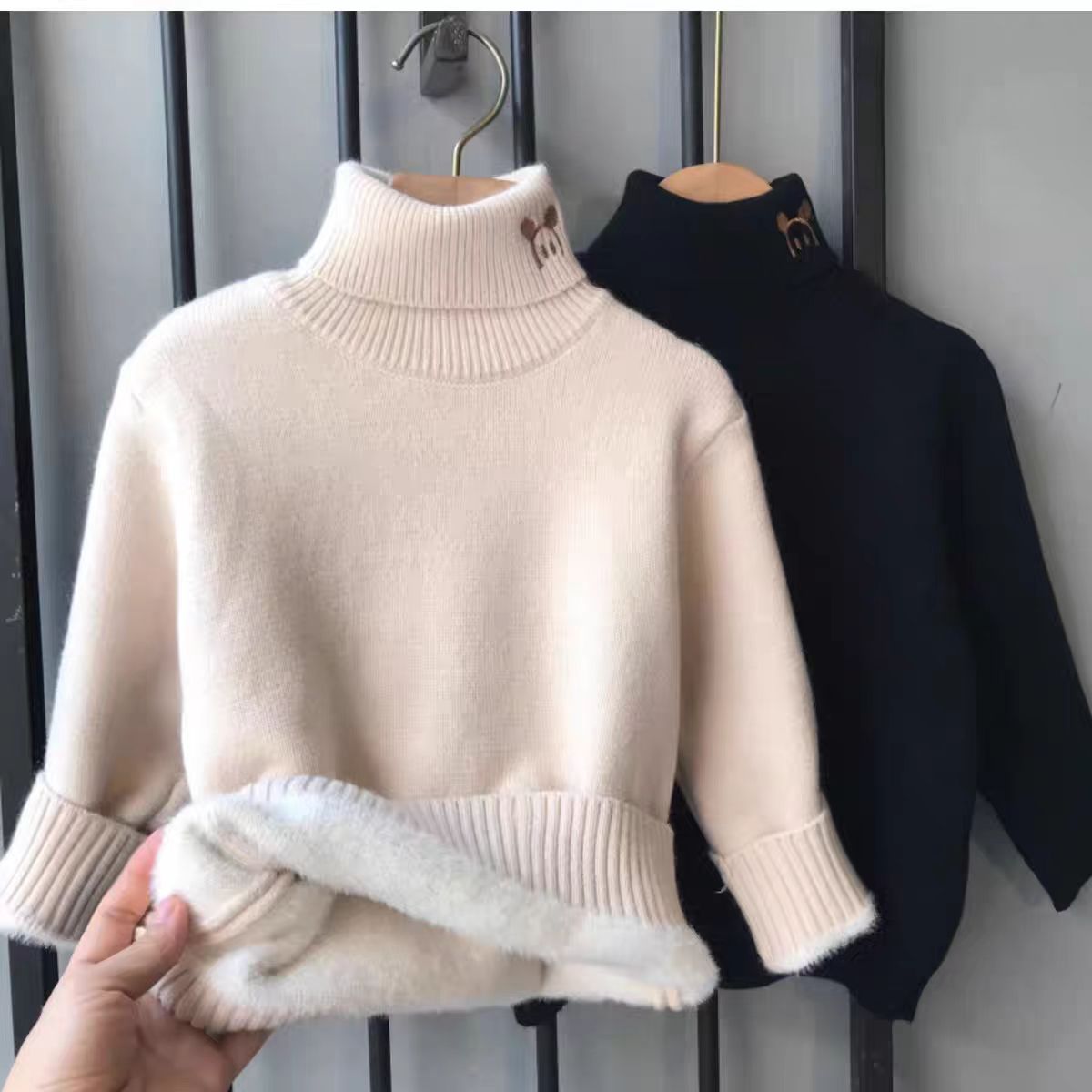 男女同款高领一体绒毛衣冬季加绒加厚百搭中大男童洋气打底针织衫
