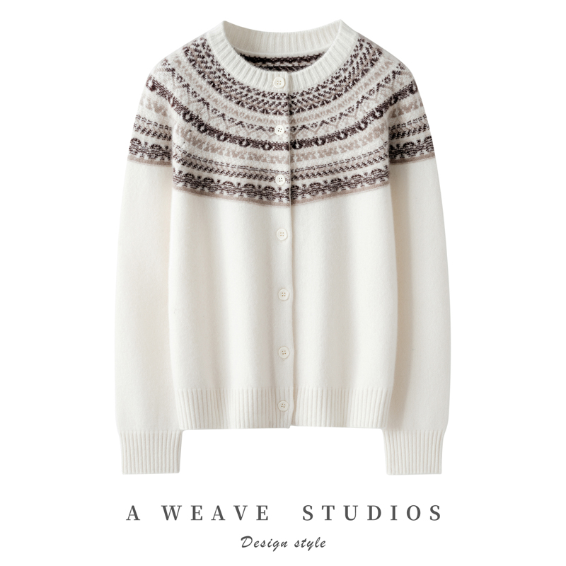 秋冬新品女士100%山羊绒圆领撞色费尔岛提花针织开衫宽松时尚长袖