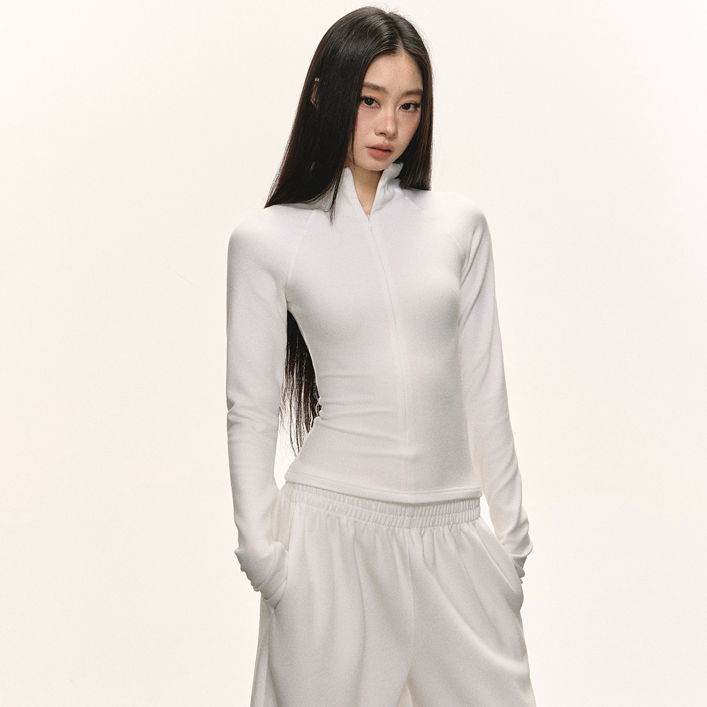 anna aneae人棉高领打底衫女早秋季纯色短款修身显瘦拉链长袖上衣