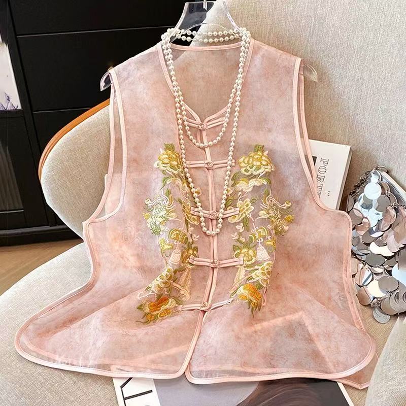 新中式无袖马甲夏薄款重工欧根纱刺绣盘扣坎肩背心女外穿国风马夹