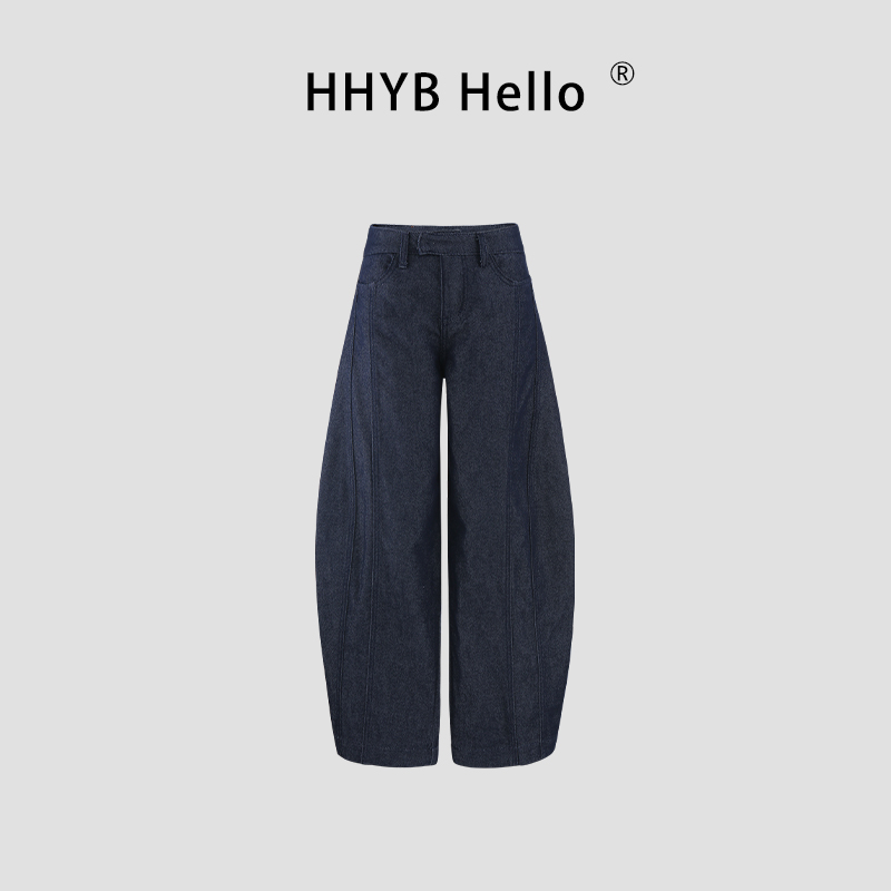 HHYB Hello复古斜纹分割结构中低腰弯刀宽松香蕉牛仔裤女H60063