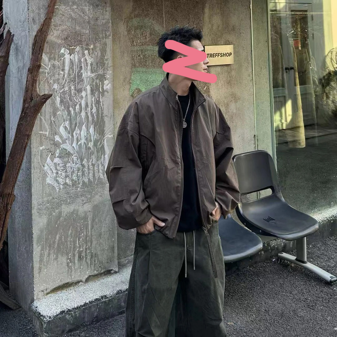 美式复古2025秋季高街弯刀袖阔型短版痞帅褶皱设计款夹克外套男女