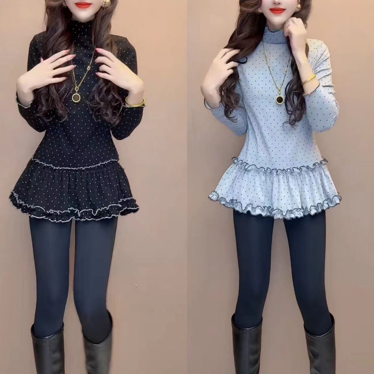半高领长袖波点女宽松型T恤打底裙