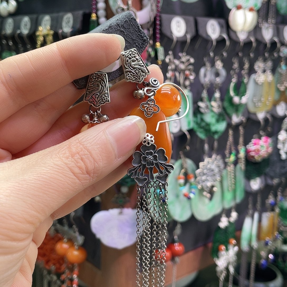 幸***扶琥珀银S925镶嵌耳饰156yjggj