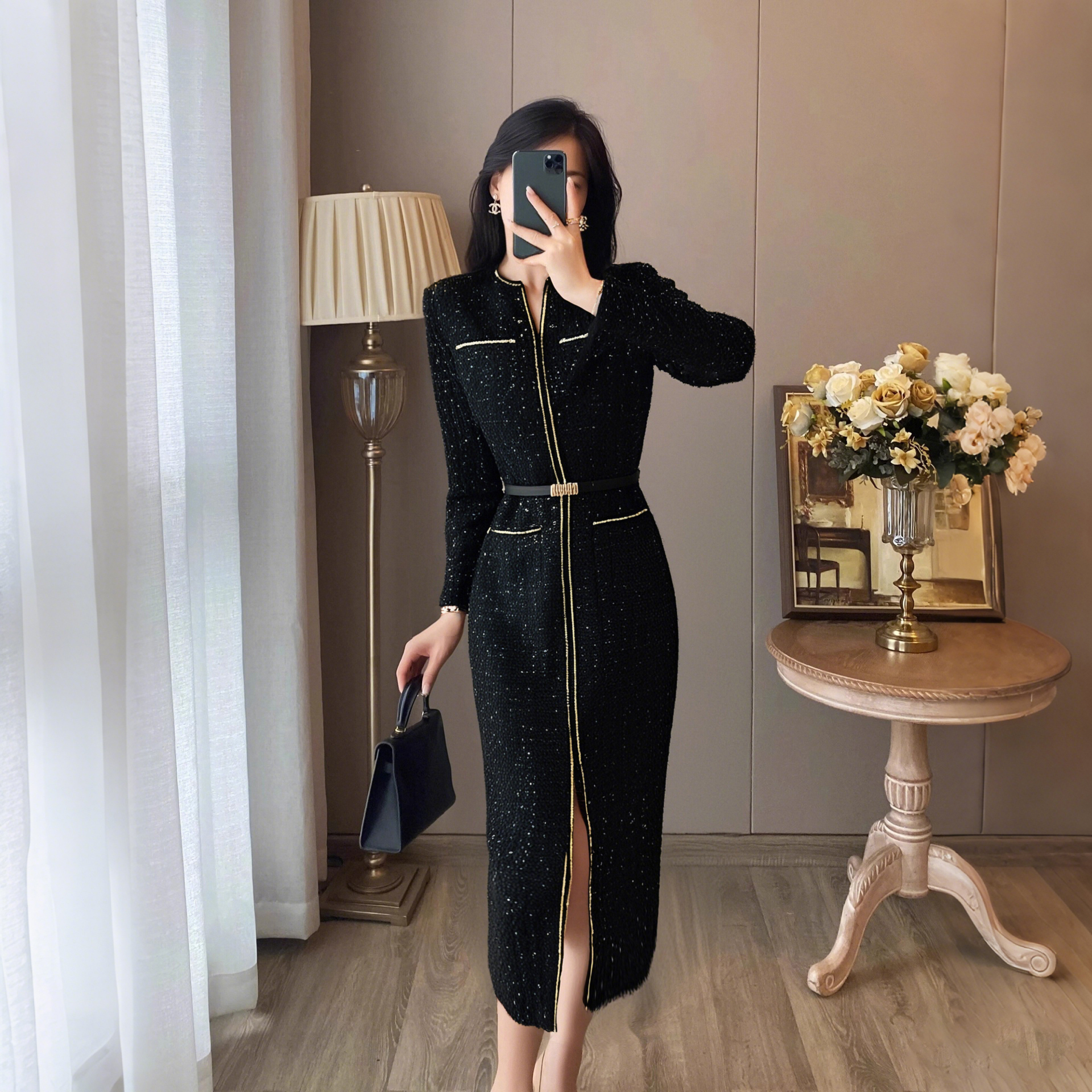 【舞哥】【有里布】2025新款小香风修身黑色包臀内搭连衣裙女2767