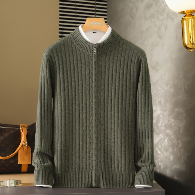 100山羊绒衫双股坑条绞花半高领拉链开衫商务休闲纯绒外套440-490