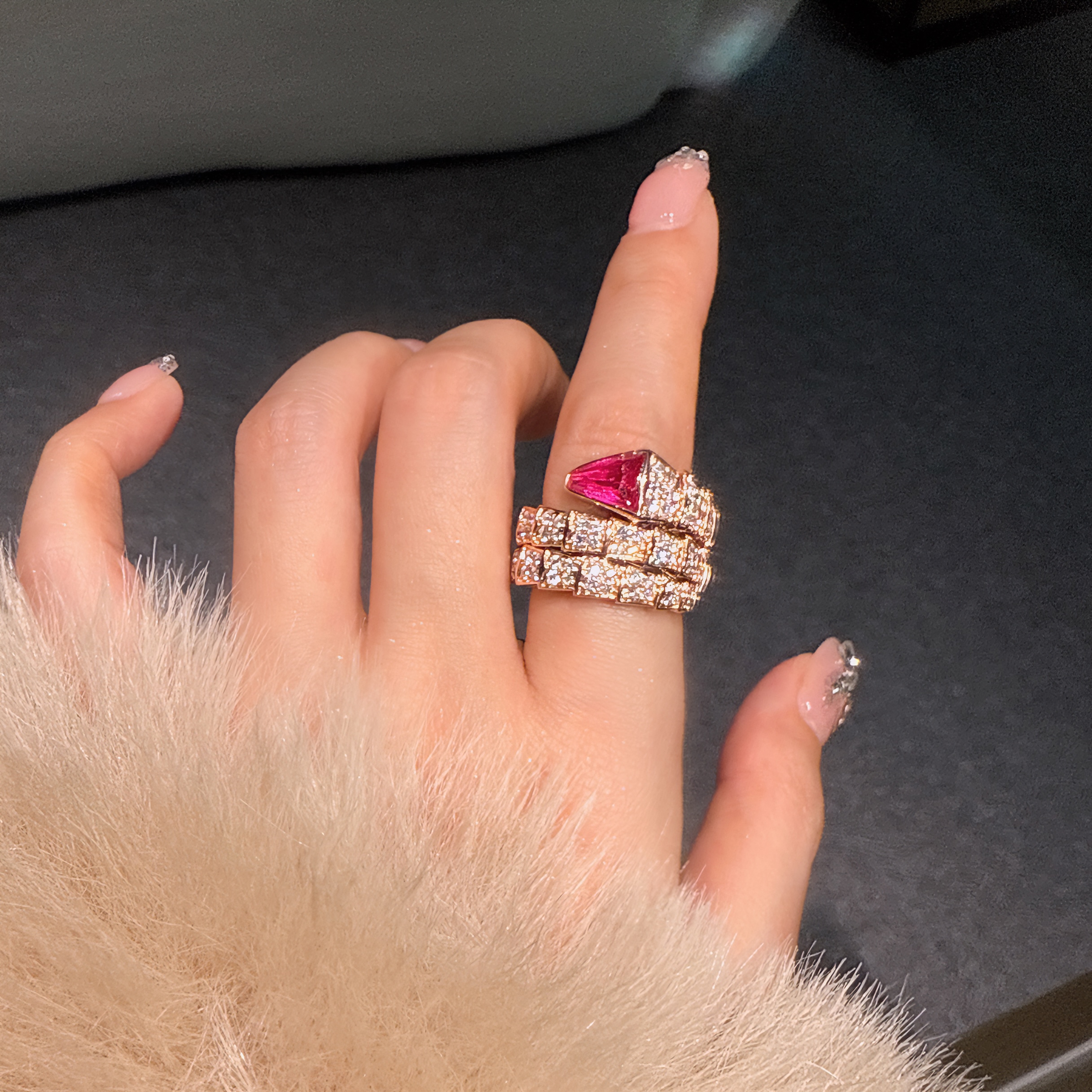 QANNA【红色玫瑰金蛇戒】【宽版三圈】18K金灵蛇豪华满钻钻石戒指AY