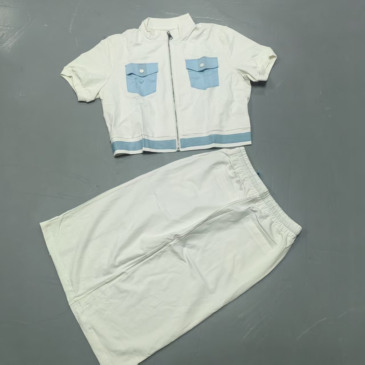 【南油玲姐】白色拼蓝色短袖+半裙两件套套装63123