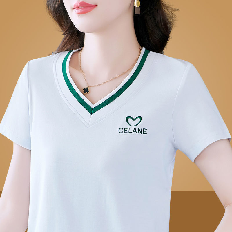 813白色韩版女士t恤V领夏季时尚洋气妈妈夏装宽松显瘦短袖上衣