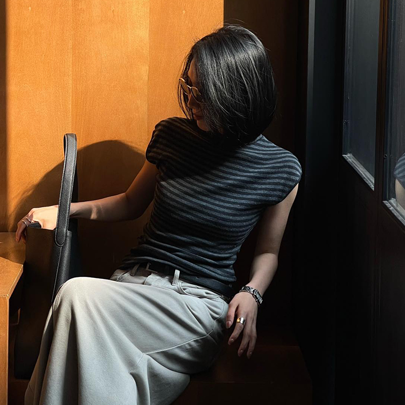 PURITY YH小众简约小圆领无袖背心高级感条纹上衣气质通勤T恤女