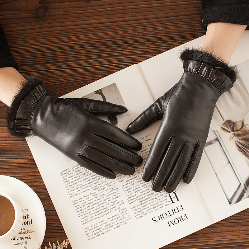 山羊皮真皮手套女士水貂毛口触屏加绒加厚保暖冬时尚修手开车骑行