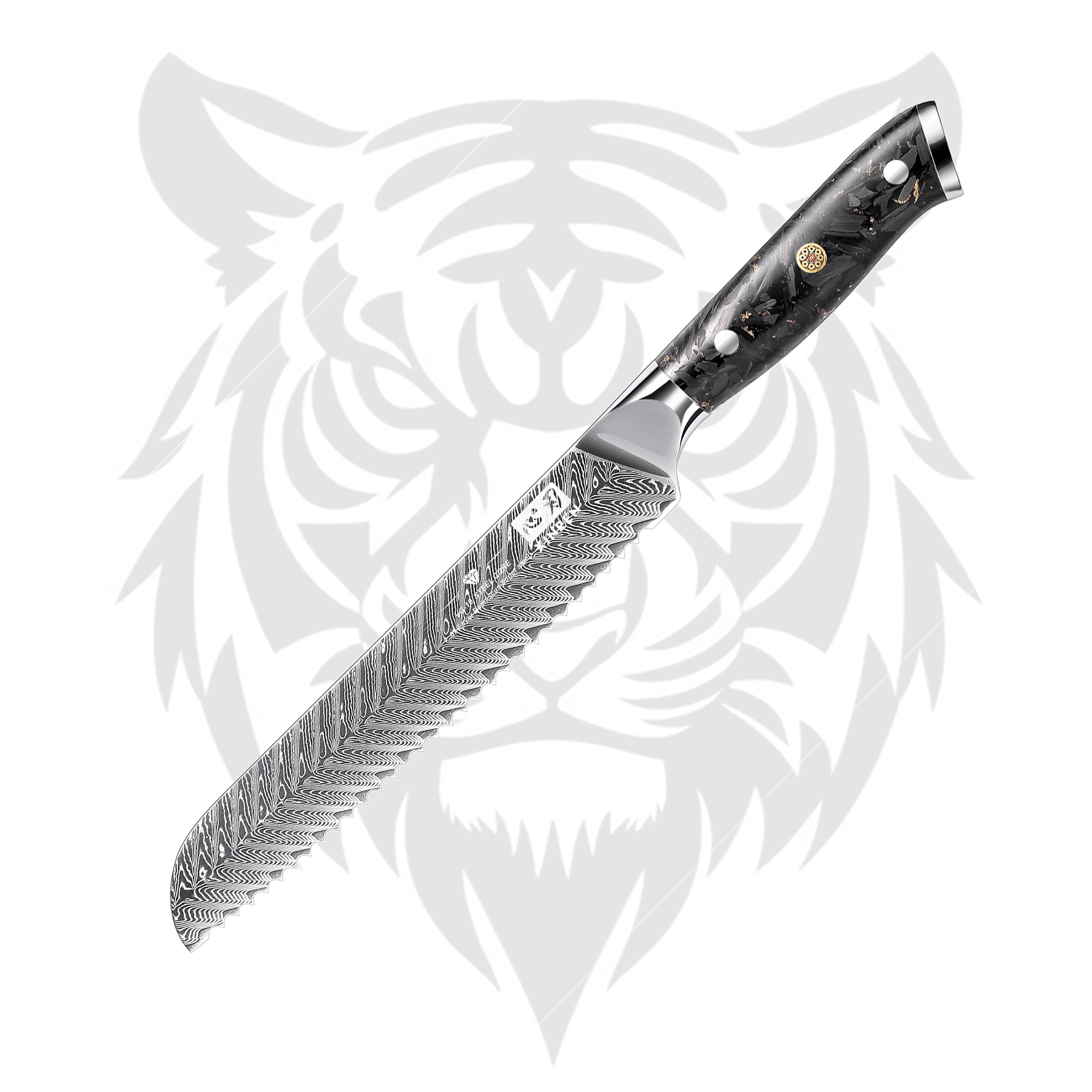 大马士革VG10锯齿面包刀冻肉刀碳纤金箔轻奢厨房西式吐司刀法棍刀