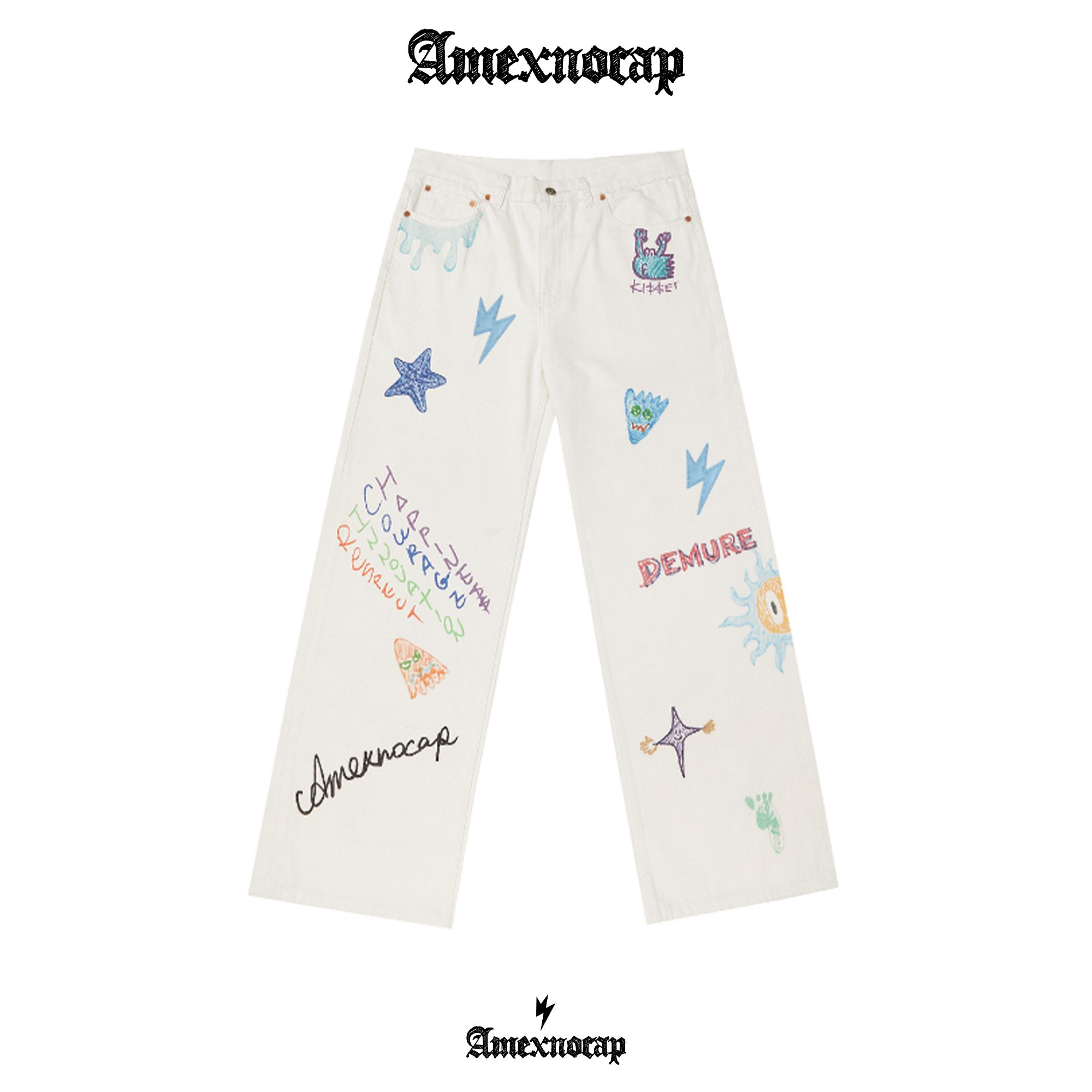 【涂鸦】Amexnocap涂鸦阔腿夏季印花闪电牛仔裤直筒百搭经典潮流