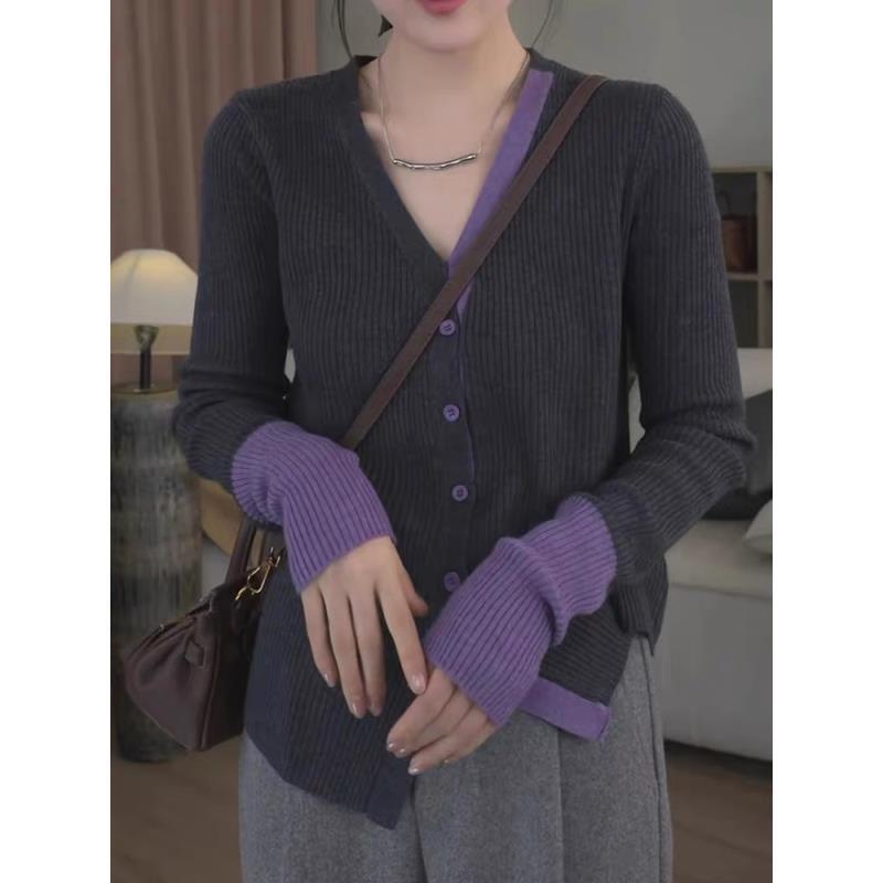 【现货发不用等】撞色拼接v领针织开衫慵懒紫色长袖秋冬内搭毛衣女