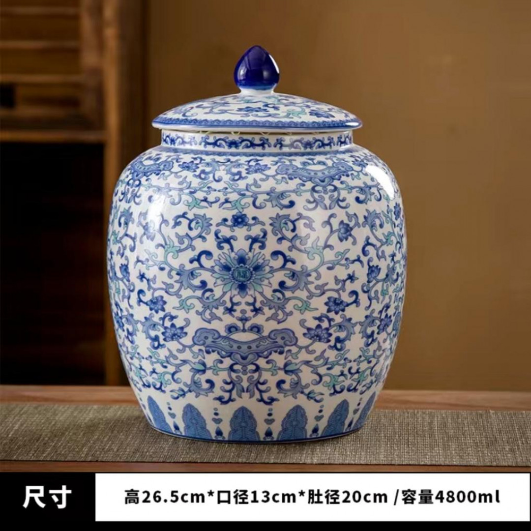 珐琅彩青花瓷茶叶罐大号陶瓷复古高档防潮密封罐缠枝莲中式普洱茶