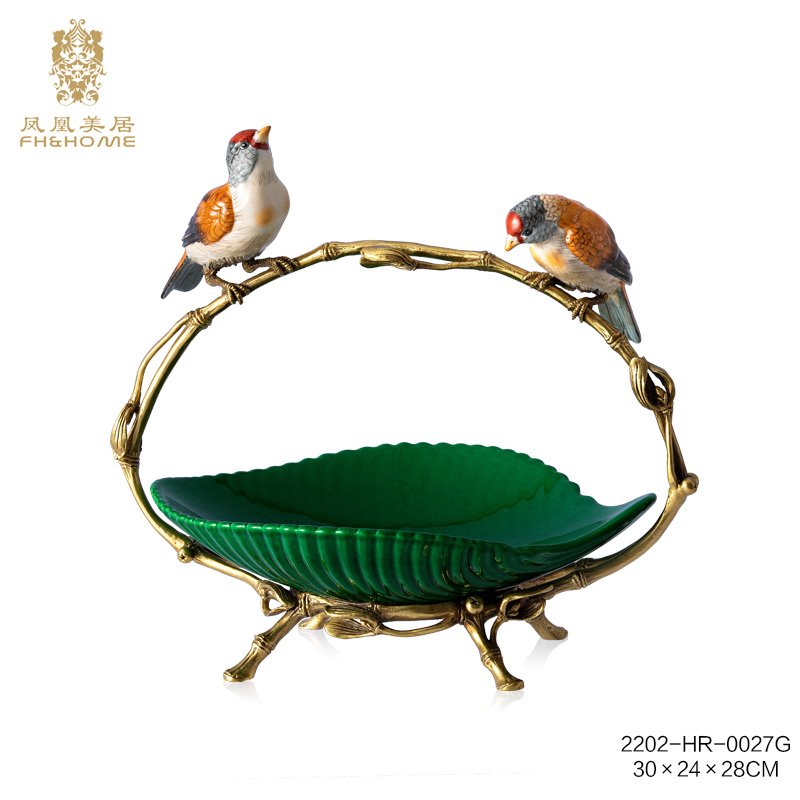 【欧美外单】 2202-HR-0027G  翠绿釉双雀仔摆件  30×24×28