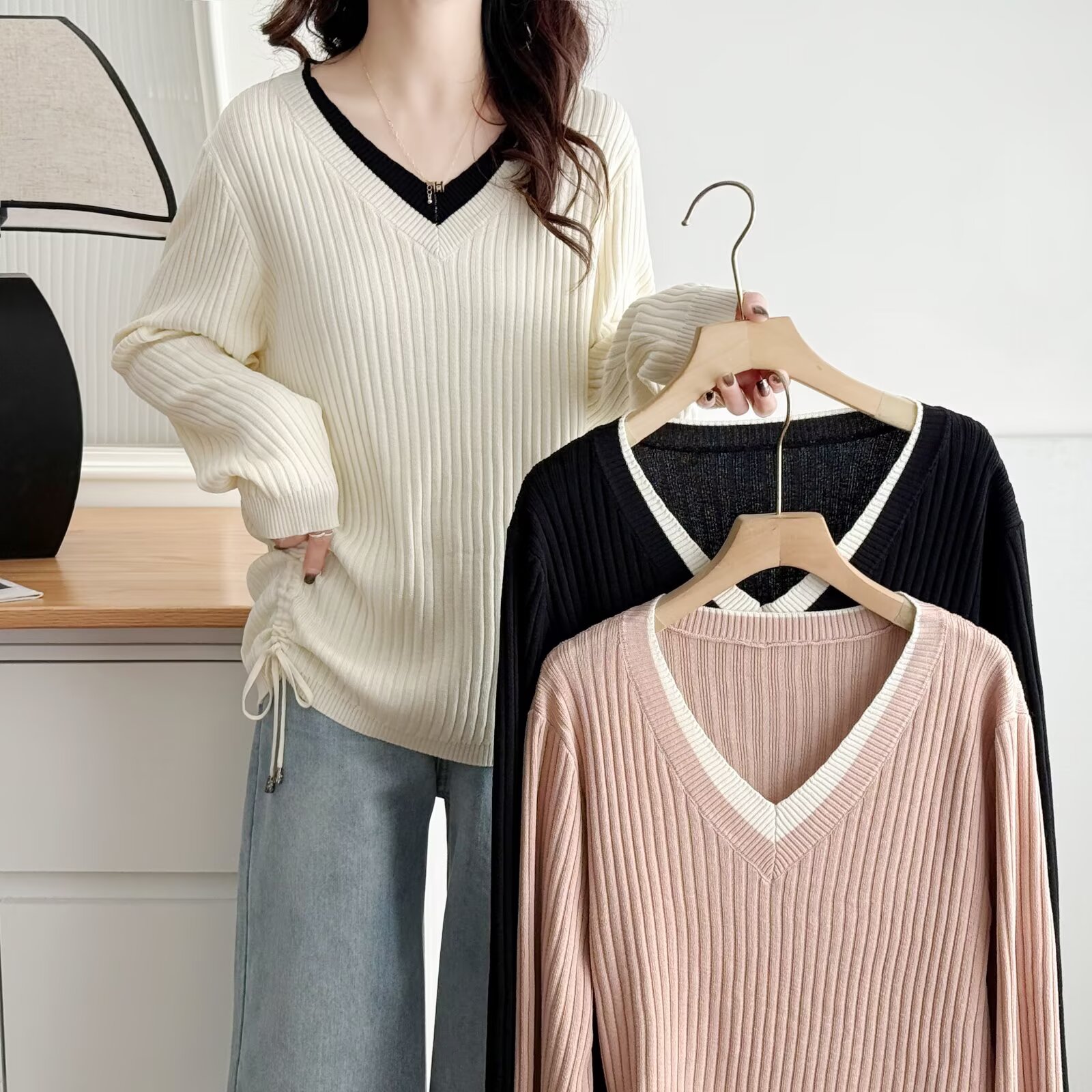 奢怡雅欣宇大码洋气显瘦V领休闲抽绳拼色打底针织衫#珍2506