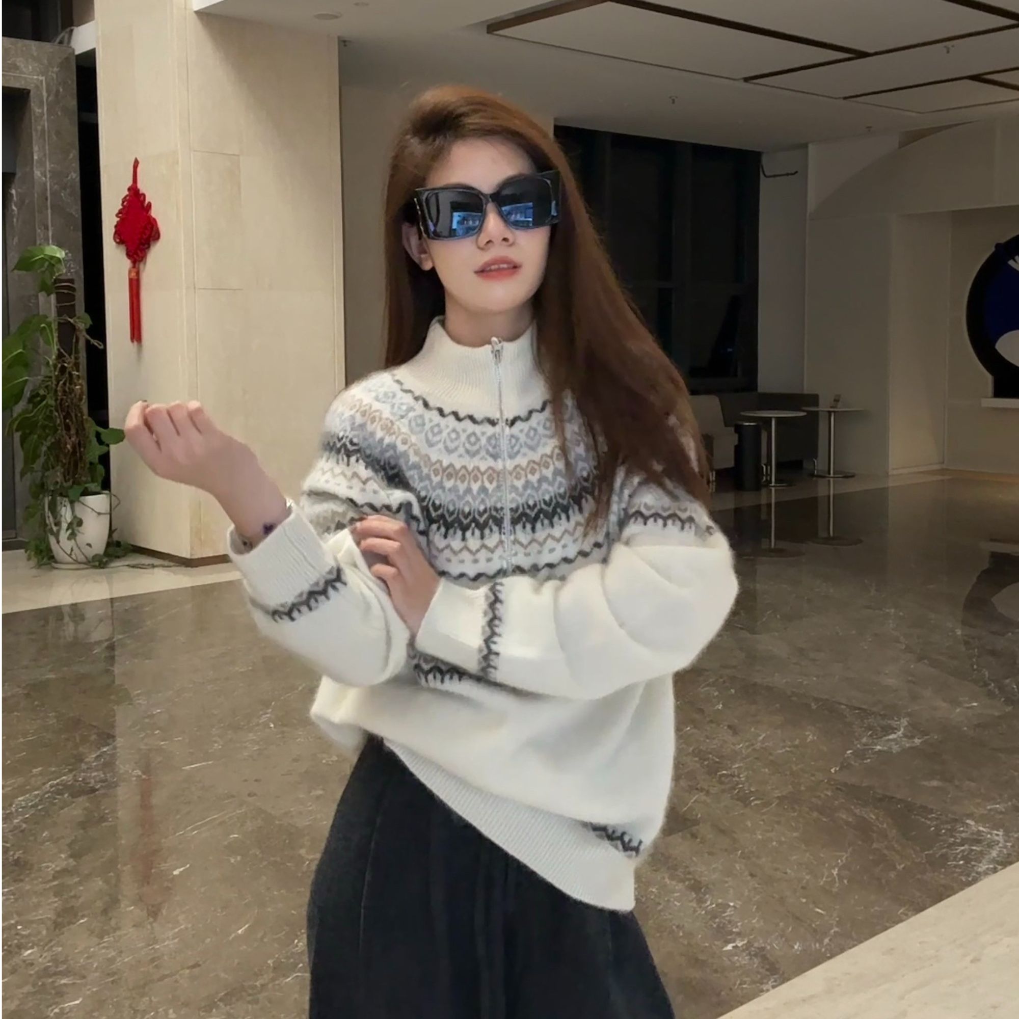 【繁繁】秋冬氛围感费尔岛提花半拉链翻羊毛拉绒毛衣LX781-92737